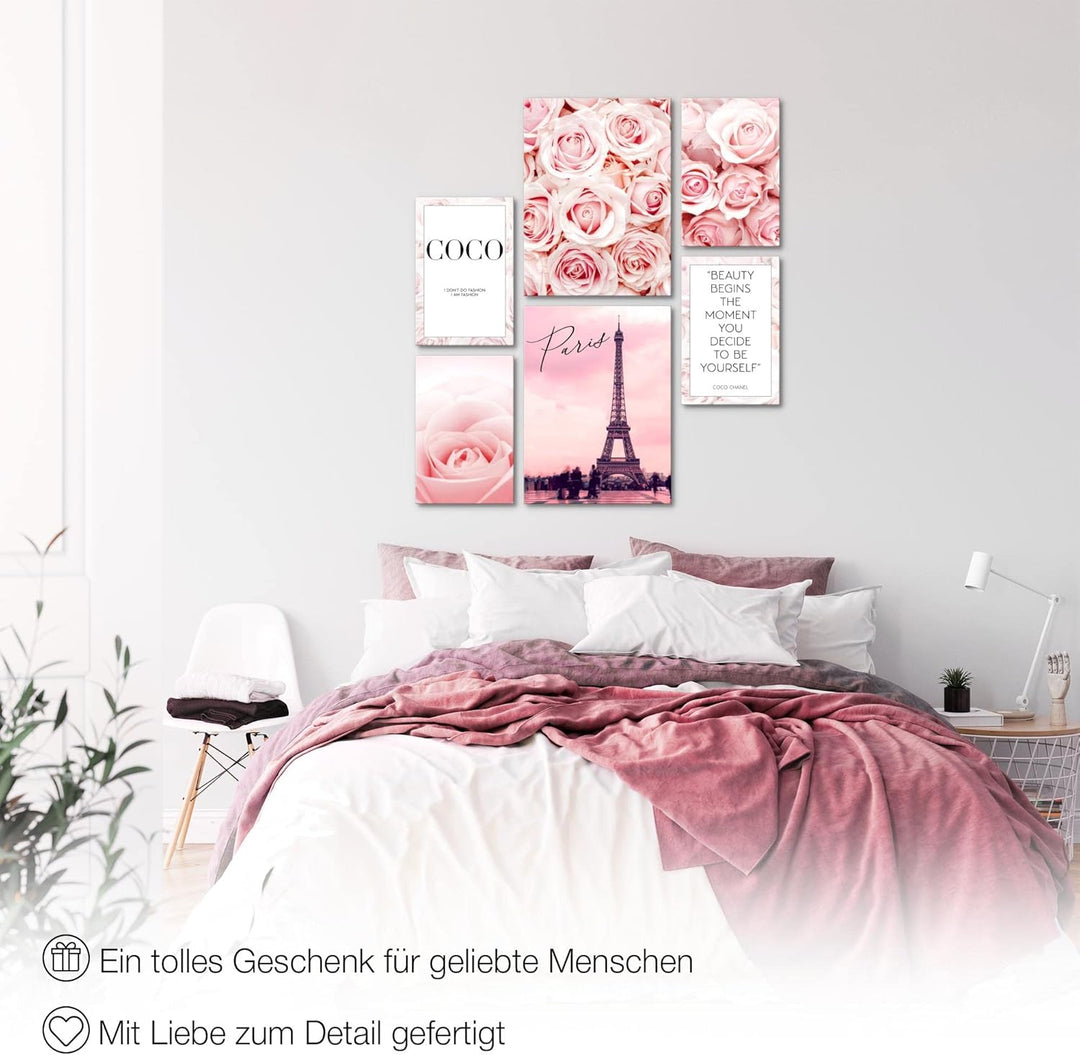 Novart Wandbilder Set Fashion Coco Beauty Rosa Zitate - KEIN EXTRA RAHMEN BENÖTIGT - Modern Deko - M