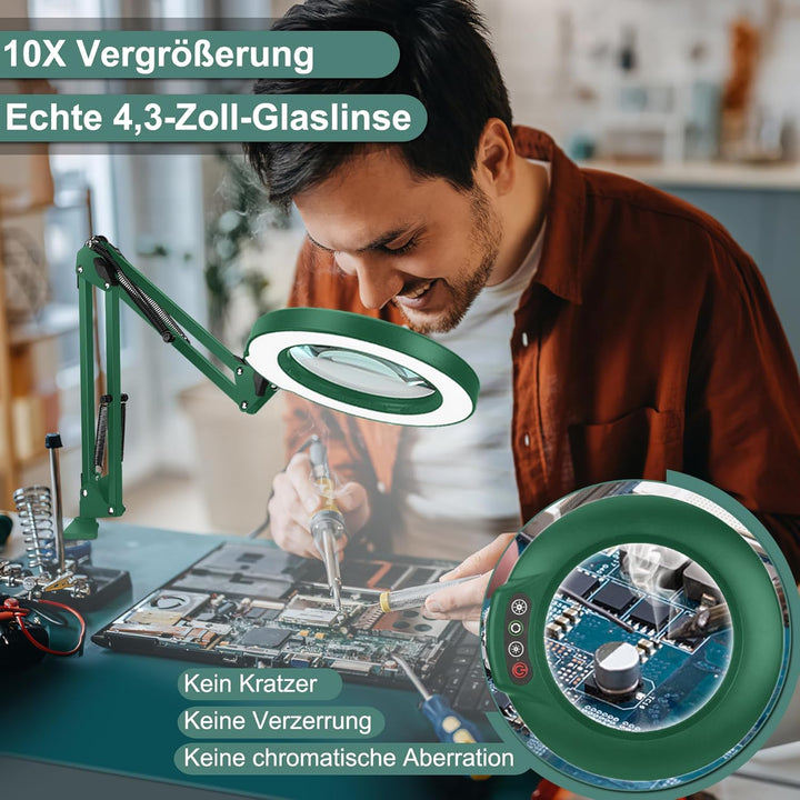 Veemagni 10X Echtes Glas Lupe mit Licht, 5 Farbmodi Stufenlos Dimmbar, Verstellbarer Schwenkarm LED