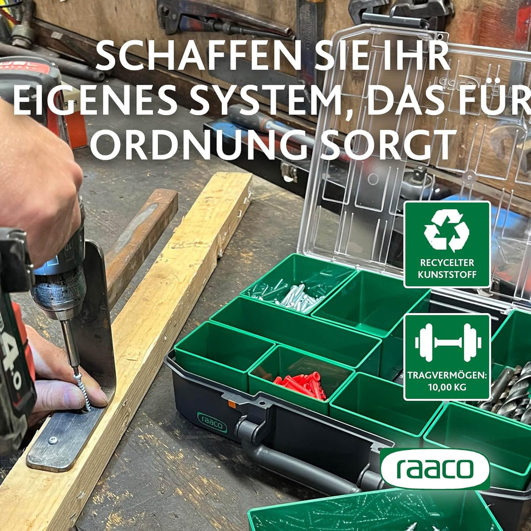 raaco CarryLite 80 4x8-9: Premium Sortierbox für Werkstatt, 9 Einsätze, Sortimentskasten & Sortierbo