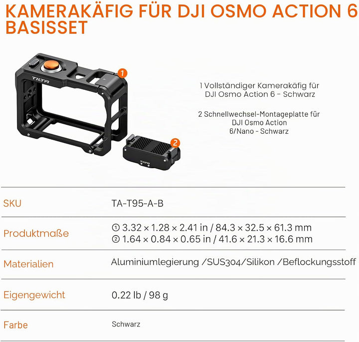 Tilta Action 6 Cage, Kamerakäfig-Basisset Kompatibel mit DJI Osmo Action 6 mit Schnellwechsel-Montag