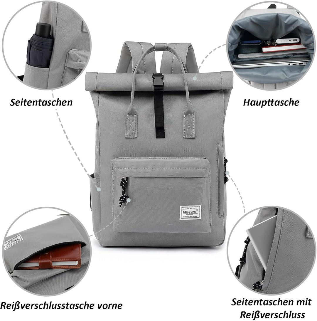 TANTOMI Laptop Rucksack, Rucksack Laptop Tasche 15,6 Zoll, Rucksack Damen und Herren weit öffenbar,