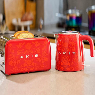 AKIS La Fête Design Toaster und Wasserkocher Set aus Edelstahl in Rot Farbe mit Barock Muster, Toast