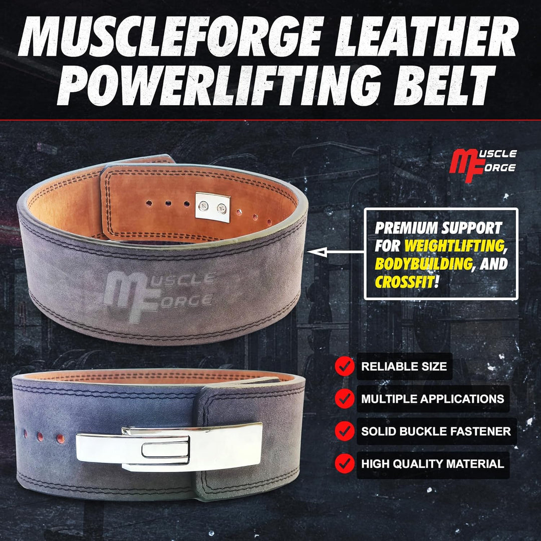 MuscleForge Leder Powerlifting Gürtel mit Stahlschnalle - Gewichthebergürtel für Powerlifting, Weigh