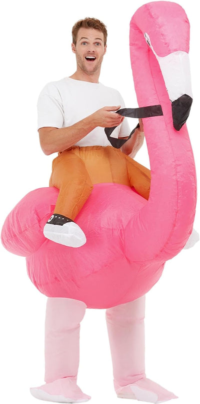 Inflatable Ride Em Flamingo Costume, Pink, with Oversized Bodysuit & Self Inflating Fan