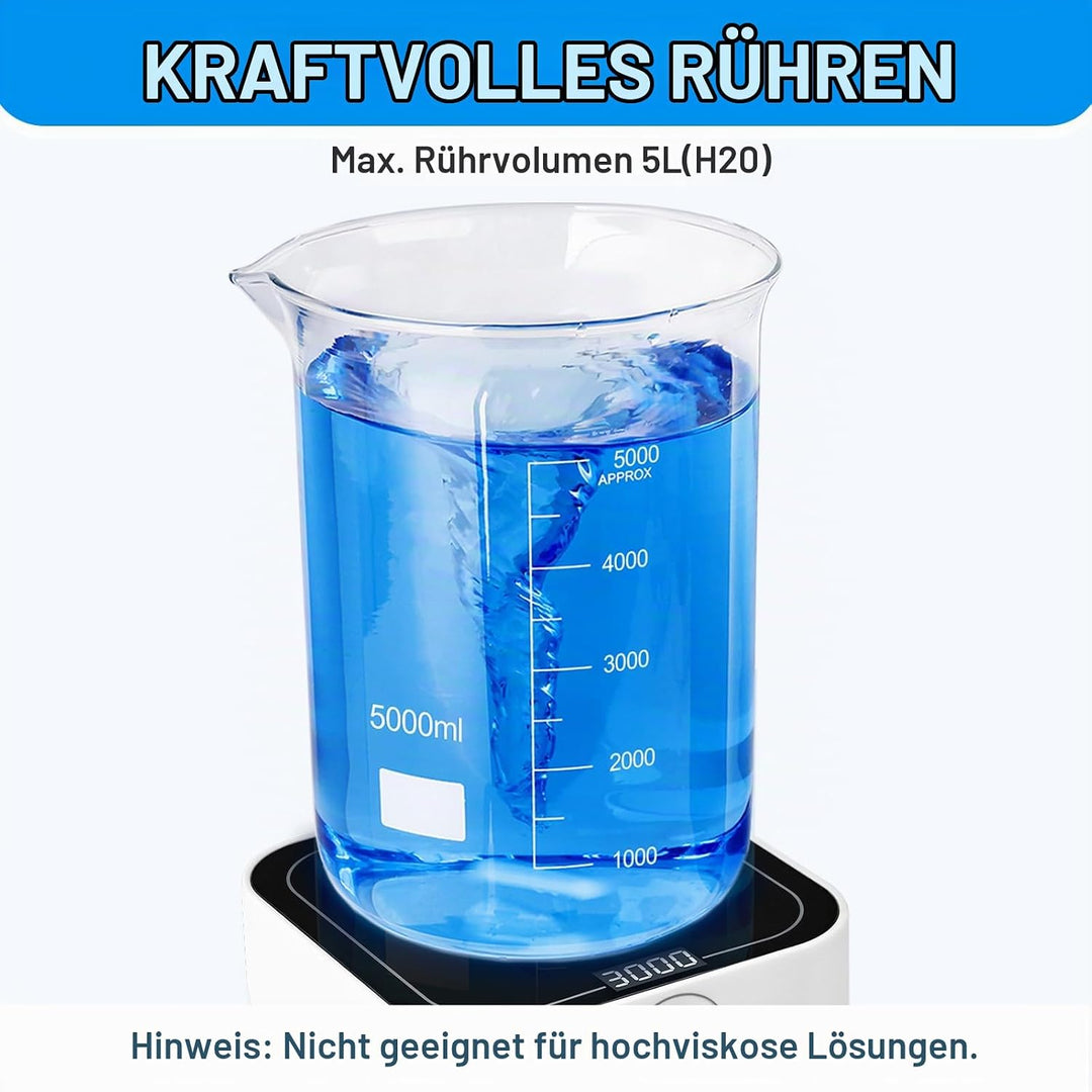RECIPETTE Digital Magnetrührer 350-3000UpM 5L Labor Magnetrührer mit LED-Display mit 2 Rührfisch Mag