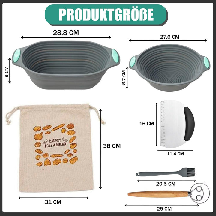 Professionelles Brotbackset aus Silikon – 2 faltbare & waschbare Gärkörbchen (rund & oval) mit Zubeh