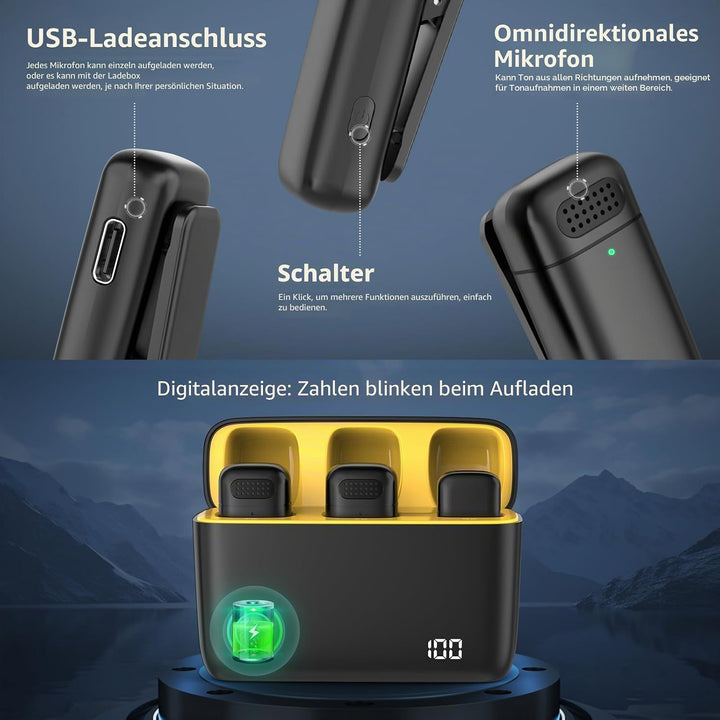 Kabelloses Mikrofon mit Ladehülle für iPhone, iPad, Android, USB-C Lavalier Mikrofon Rauschunterdrüc