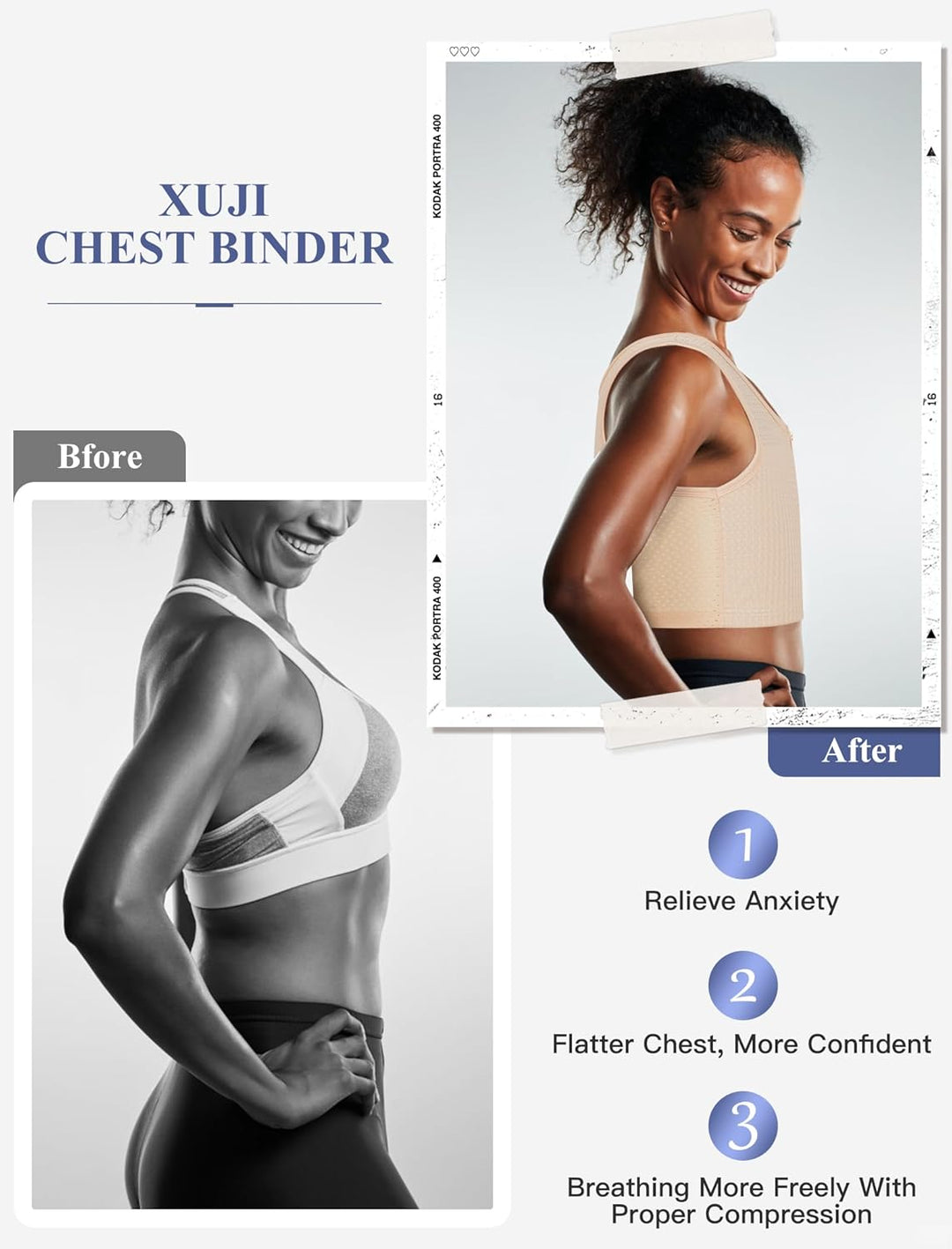 XUJI Brust Binder Atmungsaktive Kompression Binder mit Reissverschluss für Transgender, FTM, Tomboy,