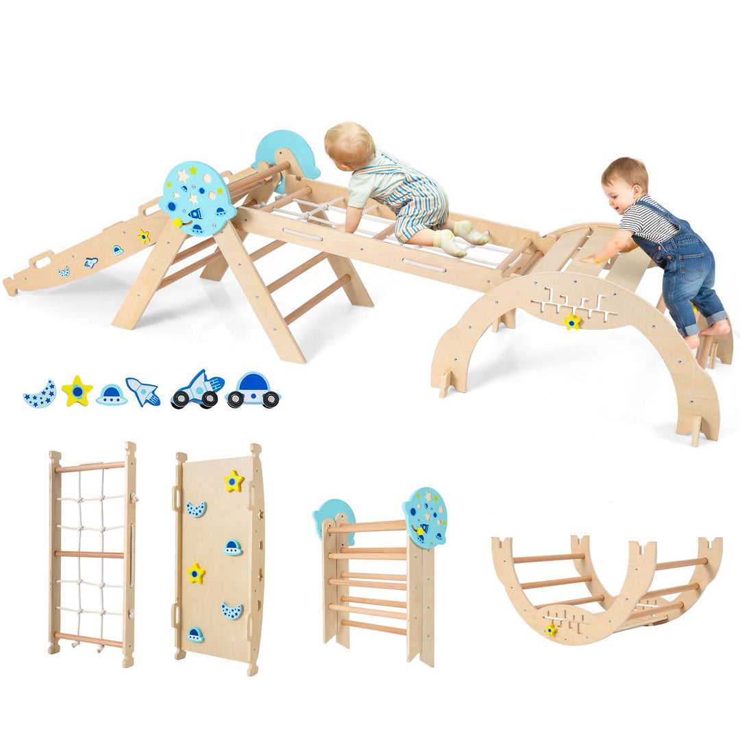 COSTWAY Klettergerüst Indoor 4er Set, klappabres Kletterdreieck mit Rutsche, Kletterbogen, Netz, ink