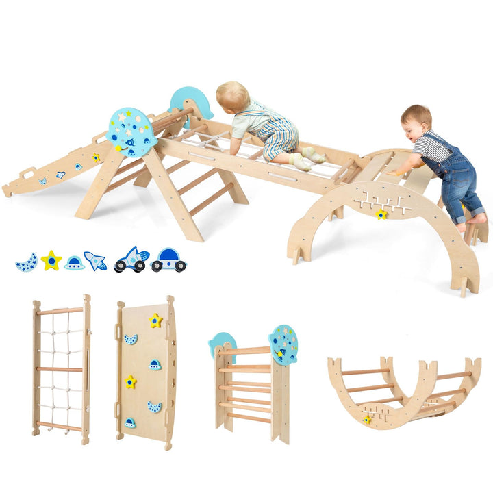 COSTWAY Klettergerüst Indoor 4er Set, klappabres Kletterdreieck mit Rutsche, Kletterbogen, Netz, ink