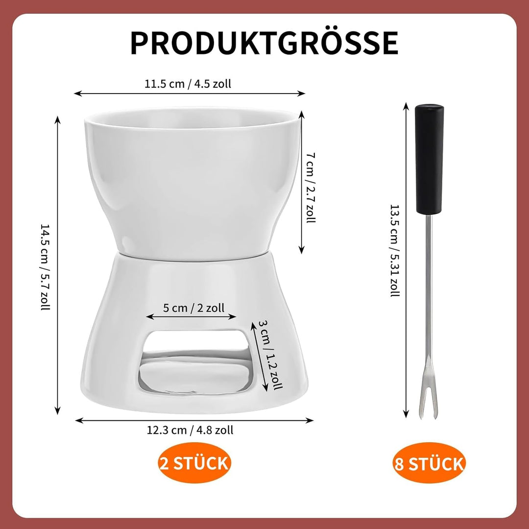 2 Stück Keramik Schokoladen Fondue Set – 400 ml – Fondue Topf mit 8 Edelstahlgabeln – Käse- & Butter