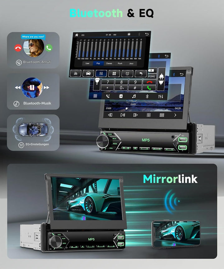 1 DIN Wireless Carplay Autoradio mit 7-Zoll manuell versenkbarem Touchscreen, Single Din Bluetooth R