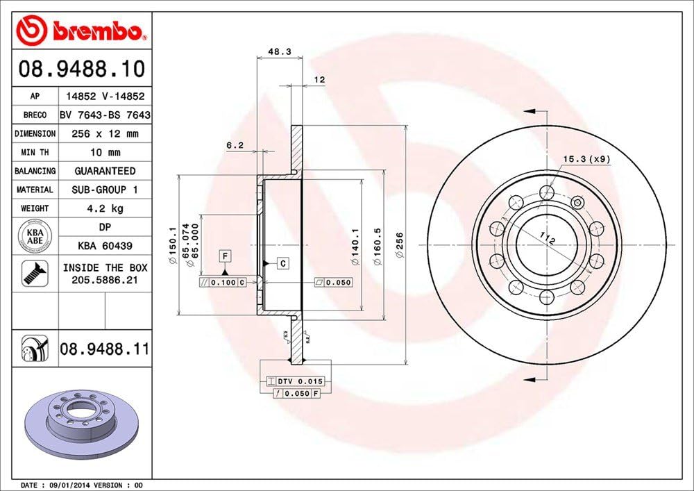 Brembo 08.9488.11 Hintere Bremsscheibe mit UV Lackierung, Anzahl 2 Single, Single