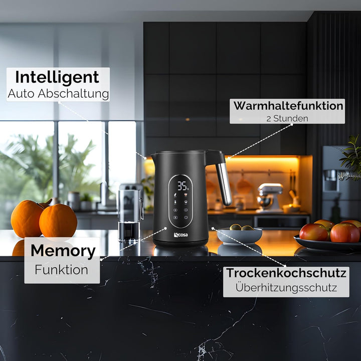 Wasserkocher Edelstahl mit Temperatureinstellung (40°C-100°C) 1,7 Liter 2200 Watt Teekocher 100% BPA