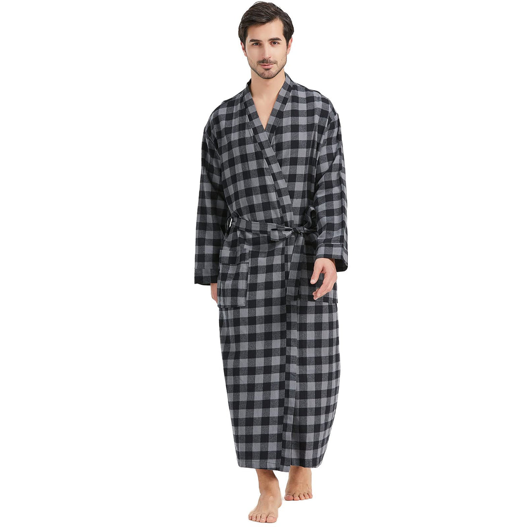 FashGudim Bademantel Herren 100% Baumwolle Lang Kariert Herren Morgenmantel Leicht Sommer XL Schwarz