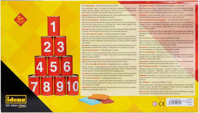 Idena 40189 - Spiel-Set Dosenwerfen mit 10 nummerierten Metall-Dosen und 3 Sand-Säckchen, Wurf- und