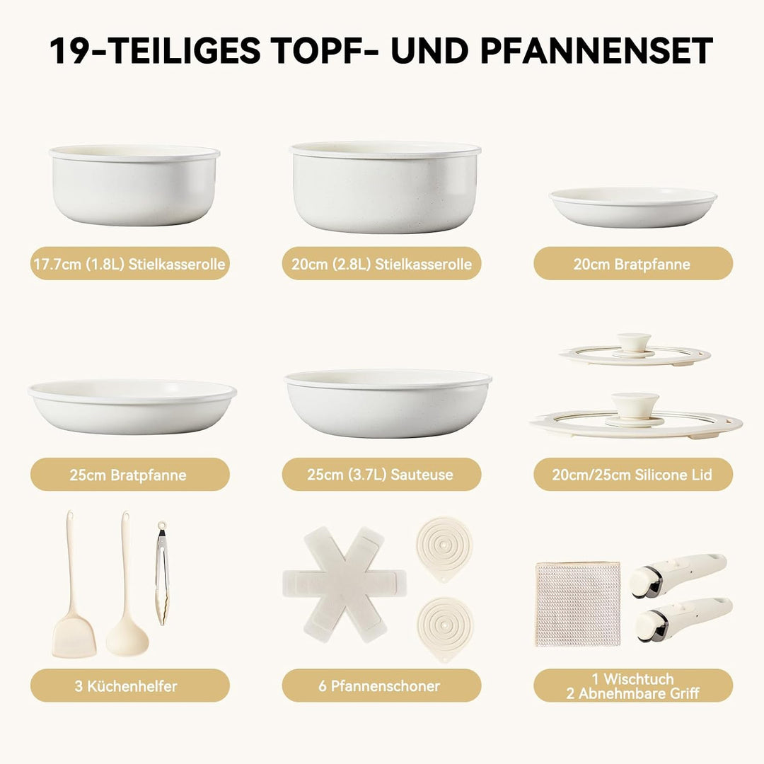 LEADZM Keramik Topfset Induktion，Pfannenset，Kochtopf Set mit Deckel，Induktions Töpfe Set，19-Teilig，A