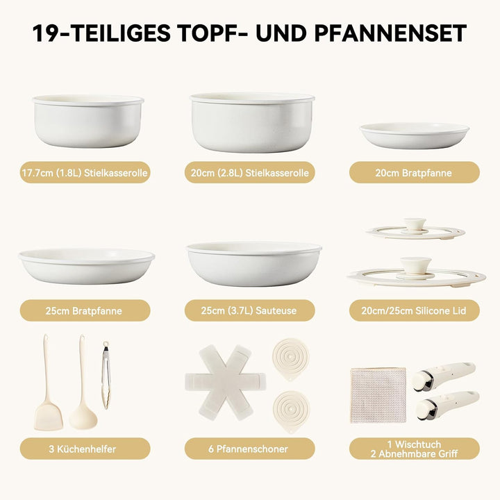 LEADZM Keramik Topfset Induktion，Pfannenset，Kochtopf Set mit Deckel，Induktions Töpfe Set，19-Teilig，A