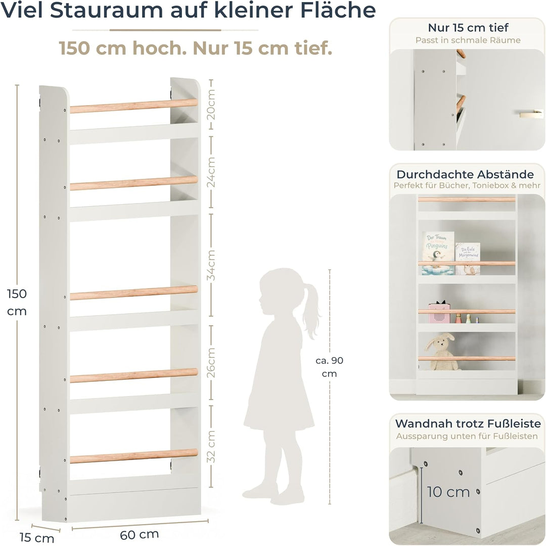 Bücherregal Kinder mit 5 Ablagen, Montessori Kinderbücherregal zur Wandmontage, Wandregal für Bücher
