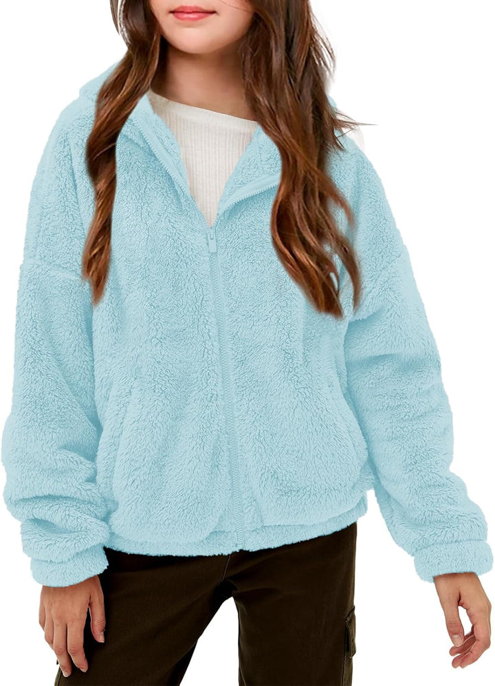 Haloumoning Mädchen Fleece Jacken Kinder Weich Fuzzy Kapuzenpullover Winter Coat Jacke 11-12 Jahre H