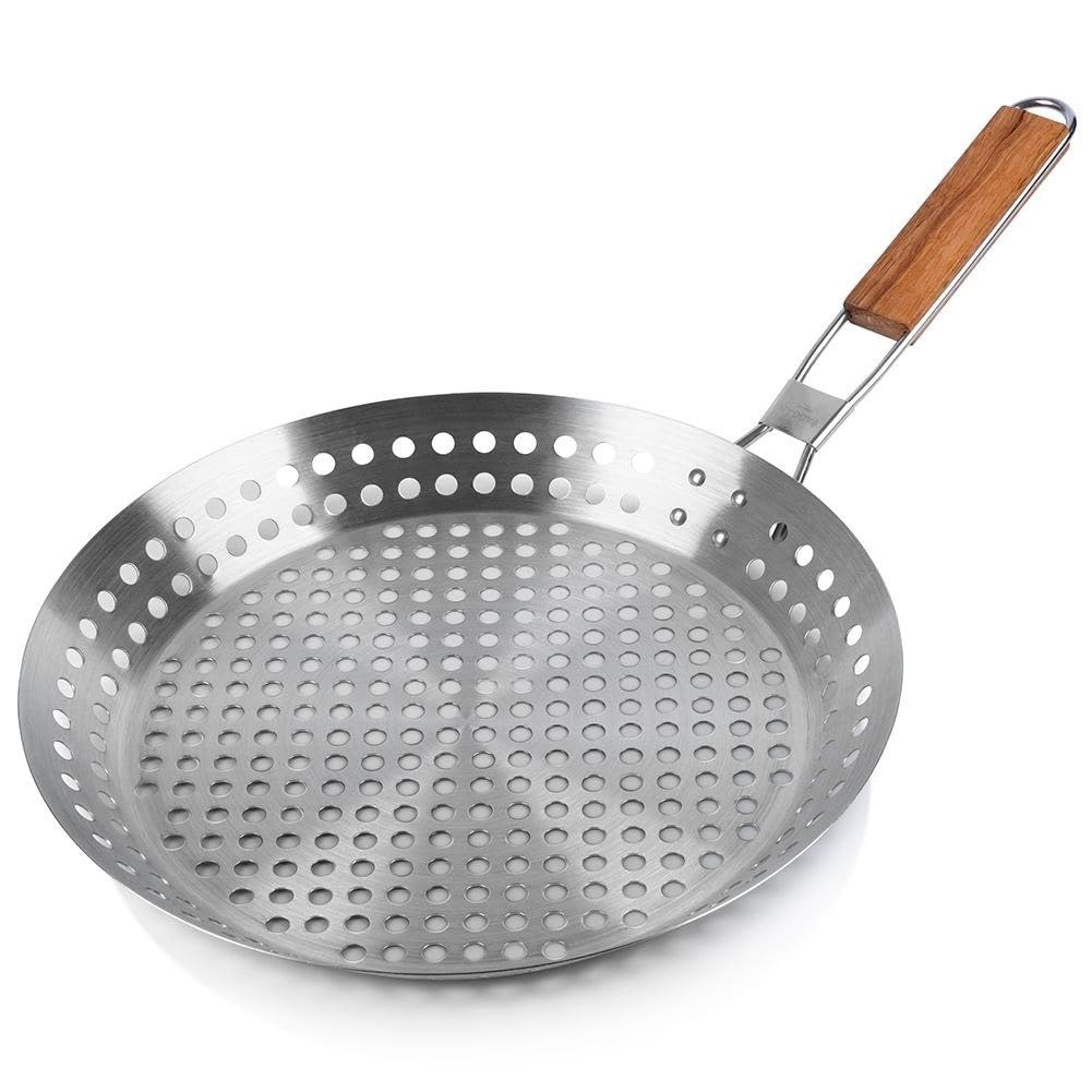 BBQ Bratpfanne zum Grillen von Gemüse, Fleisch, Korb mit Holzgriff