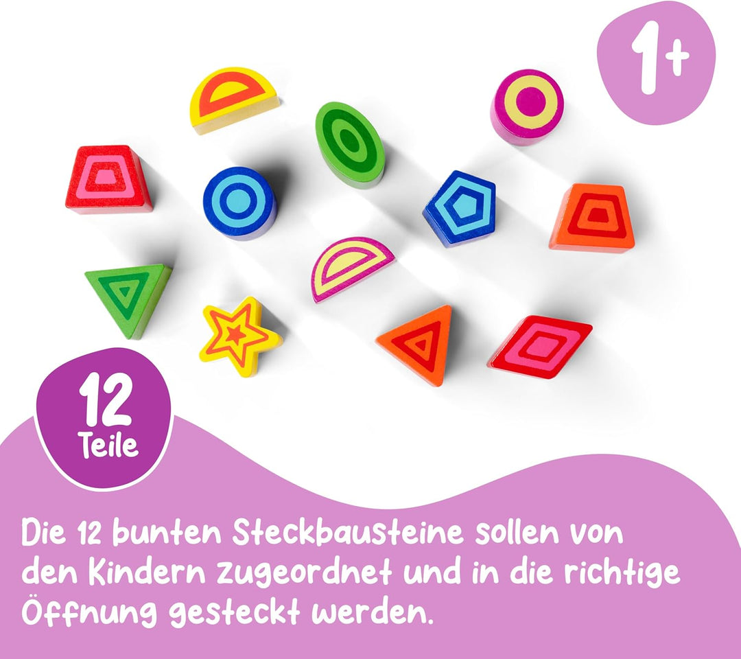 Eichhorn 100002092 Steckwürfel aus Holz, Kiefernholz, Motorikwürfel mit 12 Steckbausteinen, Holzspie