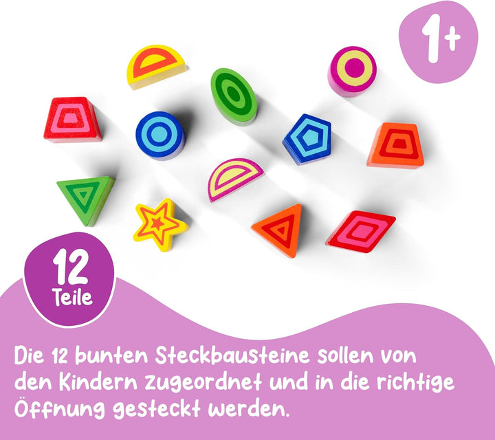 Eichhorn 100002092 Steckwürfel aus Holz, Kiefernholz, Motorikwürfel mit 12 Steckbausteinen, Holzspie