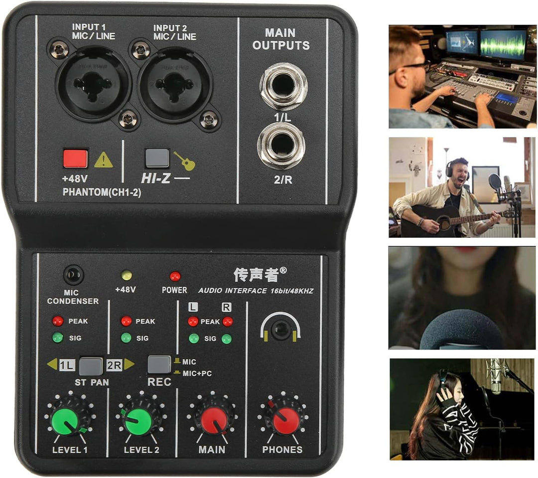 2-Kanal-Audio-Mixer,Professioneller Audio-Mixer, USB 48V Phantomspeisung, kompaktes Sound-Mischpult,