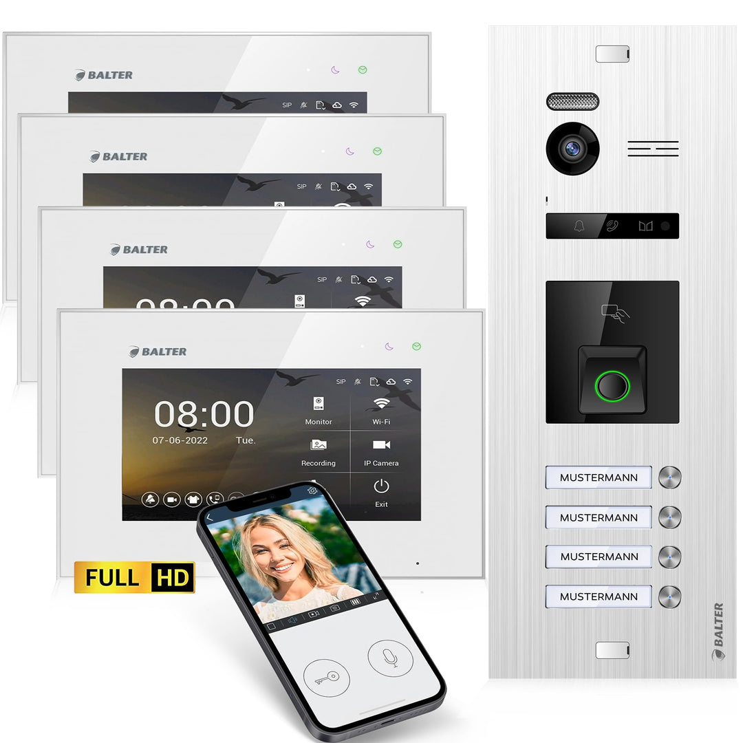 Balter EVO-HD Video Türsprechanlage mit Fingerprint, Video Türklingel, Smartphone App, 4 Familienhau