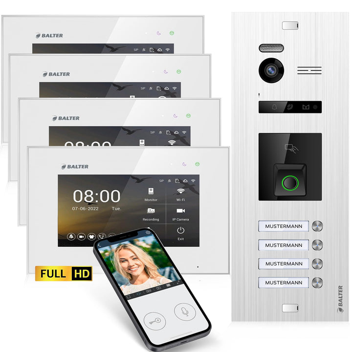 Balter EVO-HD Video Türsprechanlage mit Fingerprint, Video Türklingel, Smartphone App, 4 Familienhau
