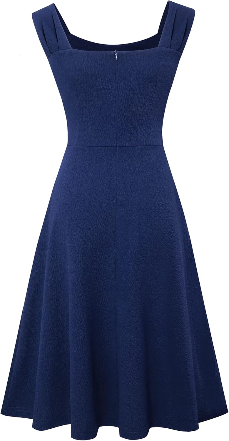HOMEYEE Damen Vintage V-Ausschnitt Ärmellose Einfarbige Party A-Linie Sommerkleid A246 S Dunkelblau,