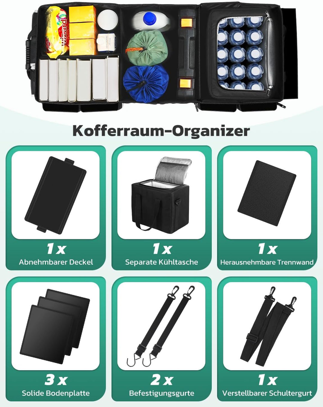 Oasser Kofferraum Organizer faltbar 95L mit integrierter 20L Kühltasche und Deckel Auto Organizer 50