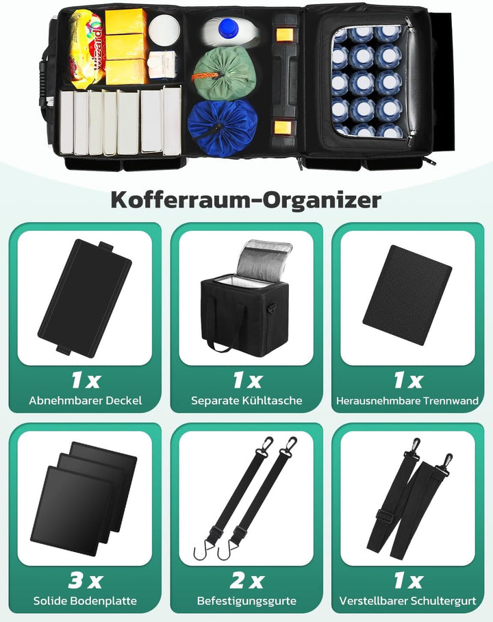 Oasser Kofferraum Organizer faltbar 95L mit integrierter 20L Kühltasche und Deckel Auto Organizer 50