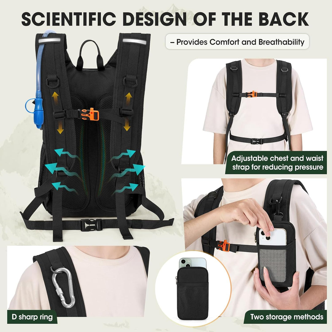 RAINSMORE Wanderrucksack 18L mit 2L Blase & Regenschutz | Leichter Trinkrucksack für Laufen, Radfahr