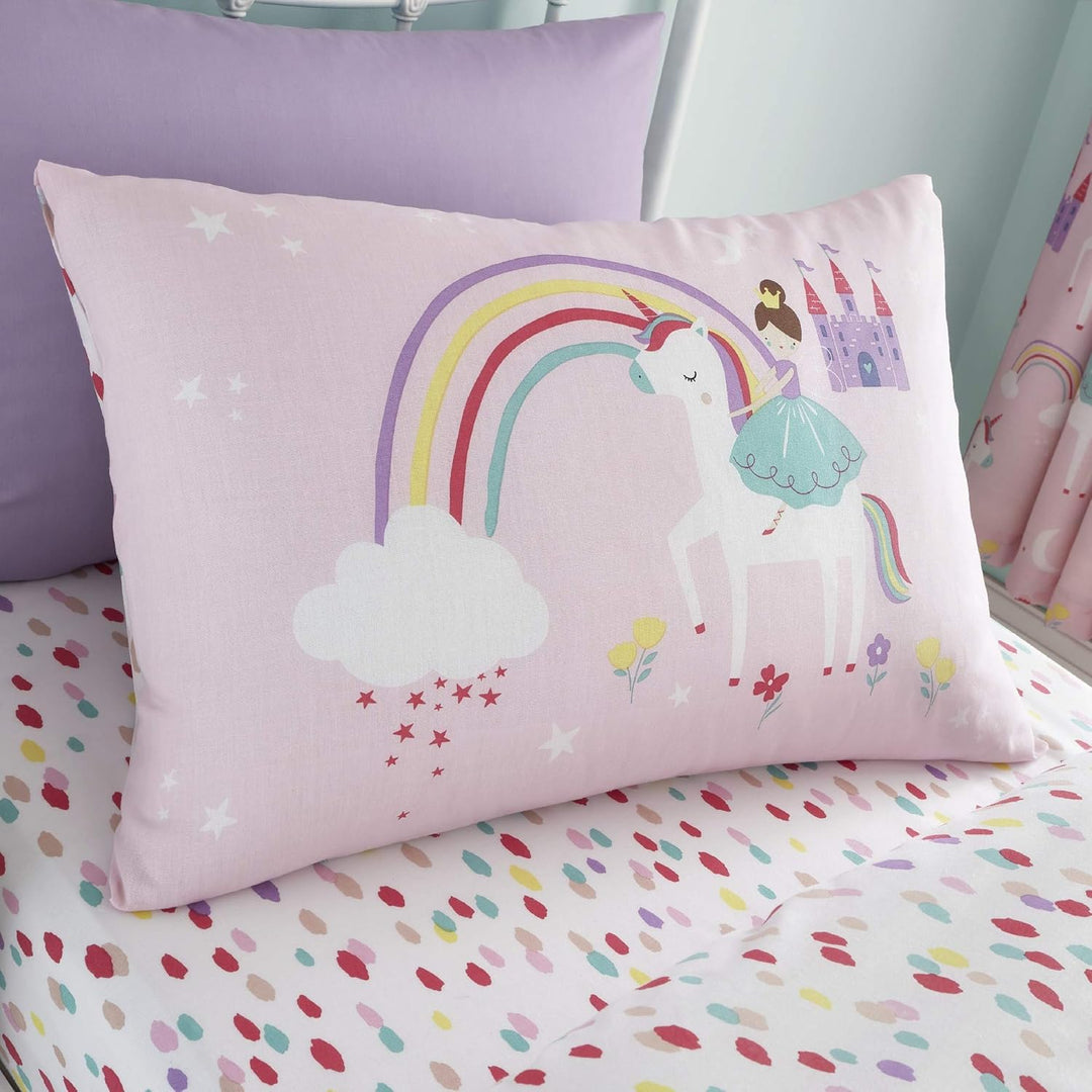 Happy Linen Company Mädchen Bettwäsche-Set - Einhörner, Prinzessin & Regenbögen - wendbar - Rosa - E