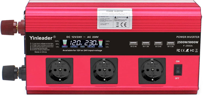 Yinleader Wechselrichter 12V/24V zu 230V 2500W / 5000W Spannungswandler 3 AC Steckdosen und 4 USB-An