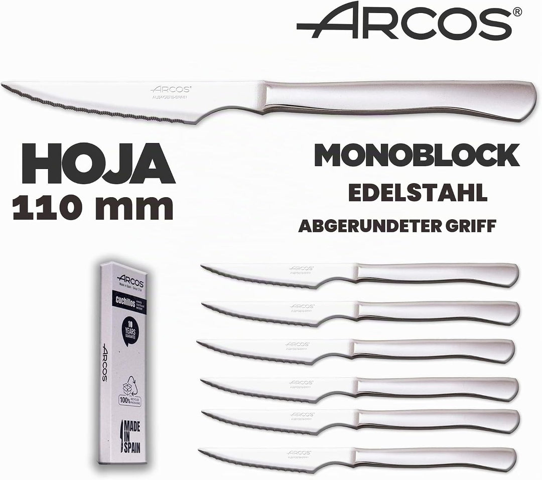 Arcos Fleischmesser-Set | 6 Stück | Steakmesser Marke Arcos | Edelstahl-Besteck | Klinge 110 mm | Mo