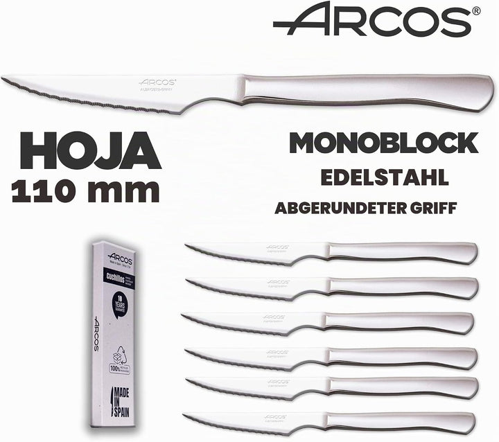 Arcos Fleischmesser-Set | 6 Stück | Steakmesser Marke Arcos | Edelstahl-Besteck | Klinge 110 mm | Mo