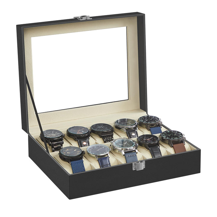 SONGMICS Uhrenbox mit 10 Fächern, Uhrenkasten, Glasdeckel, Uhrenkoffer, herausnehmbare Uhrenkissen,