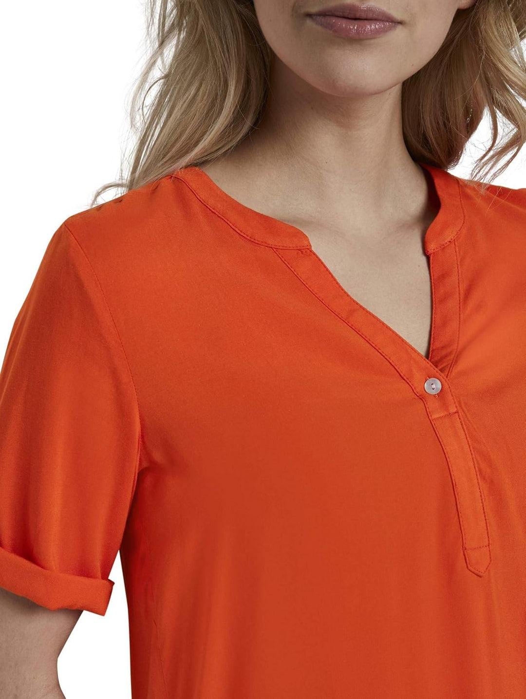 TOM TAILOR Damen Blusen, Shirts & Hemden Henley-Bluse mit elastischem Bund Strong Flame orange,38,22