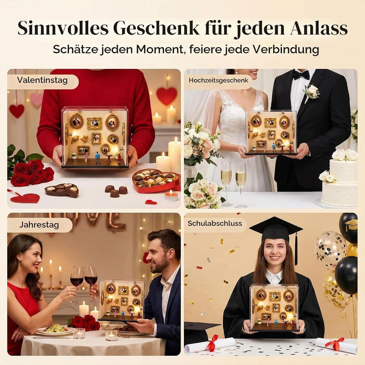 Mini Museum Bilderrahmen, 9 Stück Holz Schattenbilderrahmen Set mit 3 Miniaturfiguren und 4 LED Bele