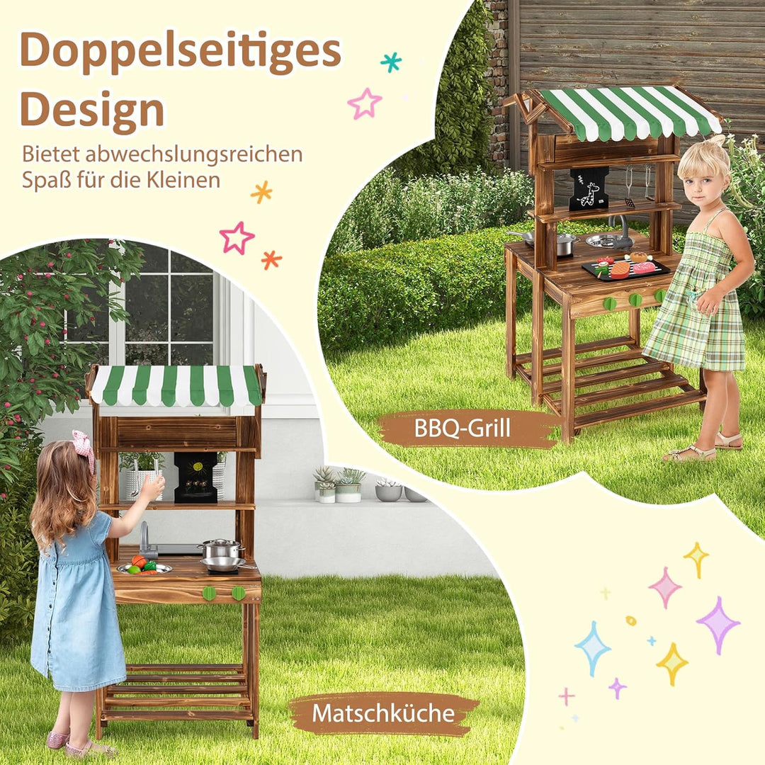 COSTWAY Matschküche Kinder Outdoor, Doppelseitige Kinderküche mit Dach, Schultafel, Spüle & Wasserha