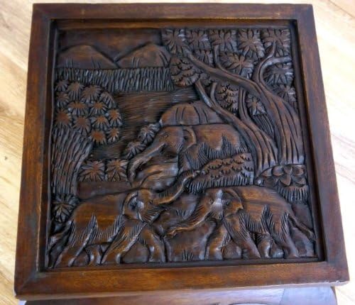 livasia Opiumtisch mit Glasplatte, Massivholztisch, Beistelltisch, Couchtisch mit Elefantenschnitzer