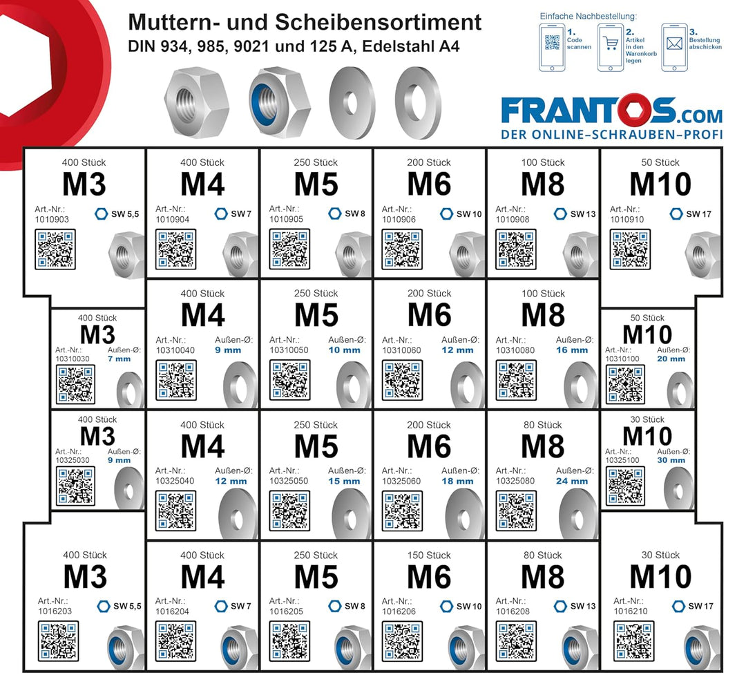 FRANTOS L-BOXX Muttern und Scheiben Set in Edelstahl A4-6.590 tlg., Sechskantmuttern Schraubenmutter