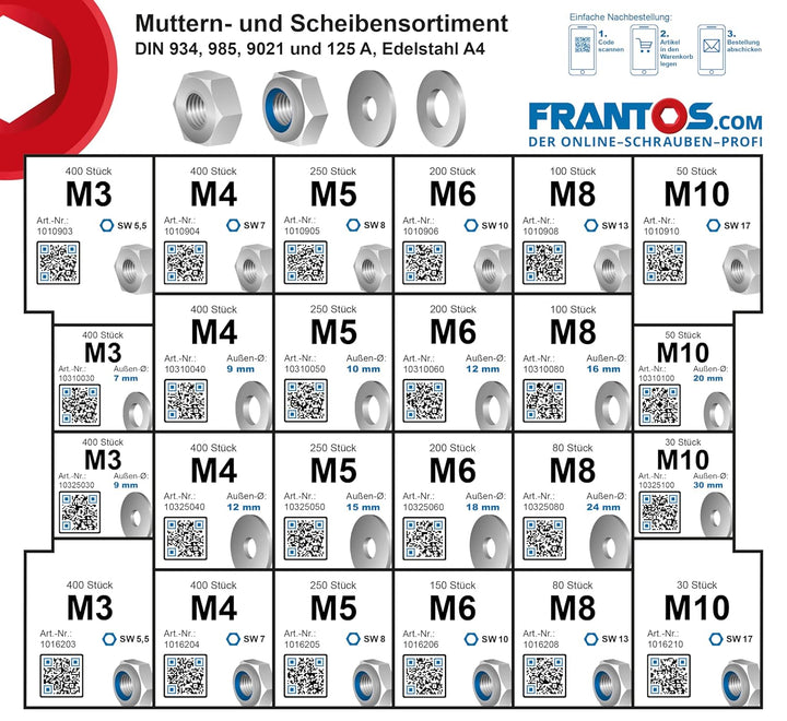 FRANTOS L-BOXX Muttern und Scheiben Set in Edelstahl A4-6.590 tlg., Sechskantmuttern Schraubenmutter