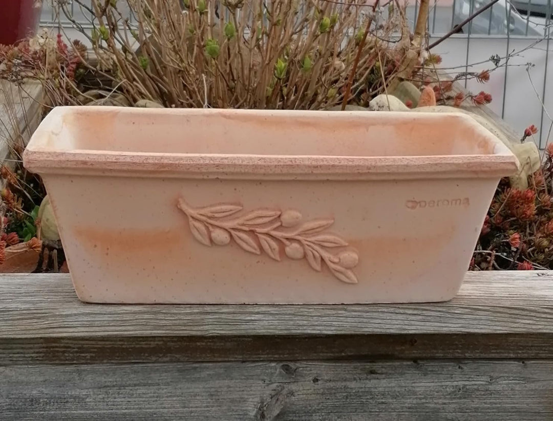 NEU !! Blumenkasten 40 cm mit Olivendekor echt Terracotta Terrakotta Garten Deko Pflanztopf Balkonka