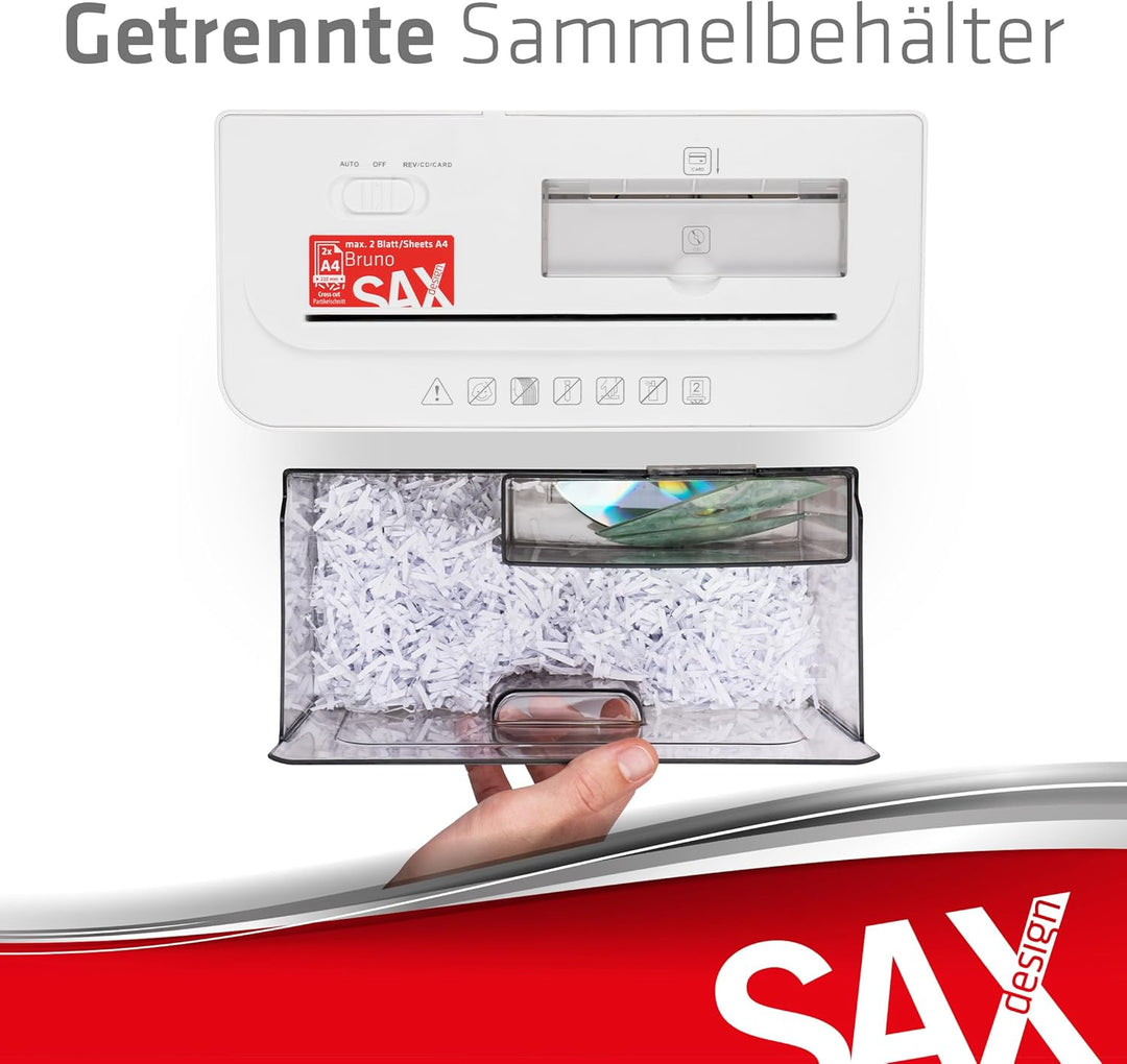Sax Aktenvernichter Bruno – Partikelschnitt 3x18mm, Schreddert Papier, CDs & Karten, 220mm Zuführung