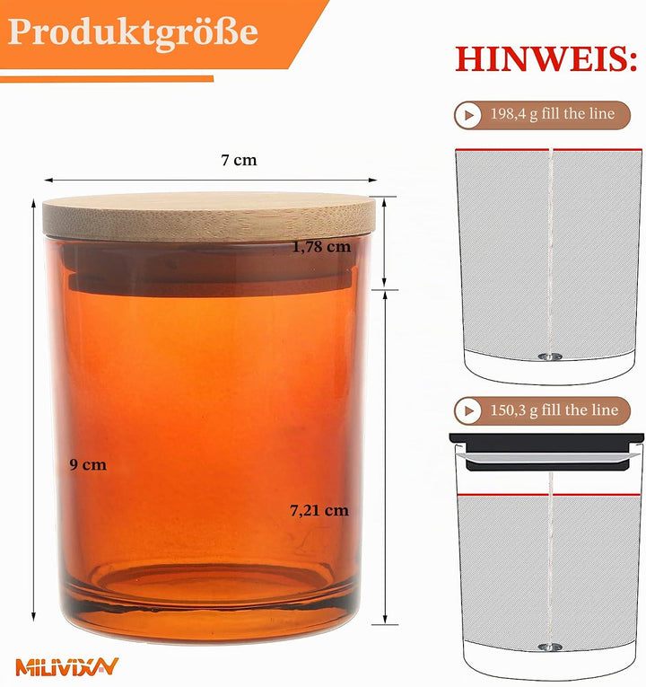 MILIVIXAY Bernsteinfarbene Kerzengläser aus Glas mit Deckeln und Kerzenherstellungs-Sets, leere Kerz