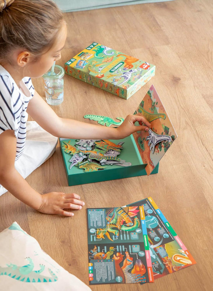 APLI Kids 20139 Magnetisches Lernspiel, Dinosaurier, Tafel mit 44 Magnetteilen und Erläuterungskarte