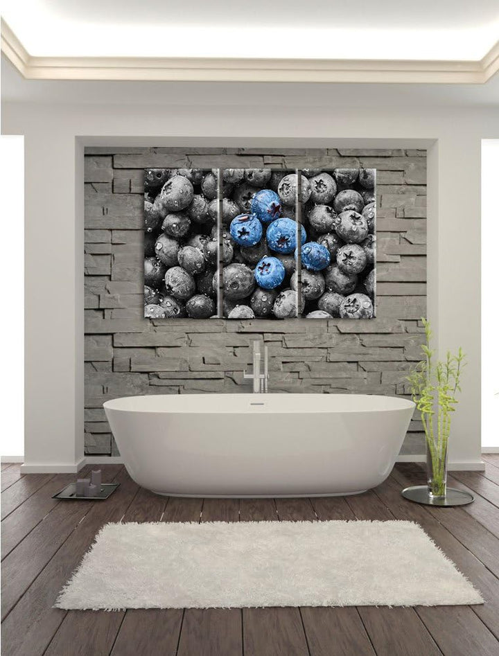 Pixxprint Blaubeeren mit Wassertropfen B&W Detail 3-Teiler Leinwandbild 120x80 Bild auf Leinwand